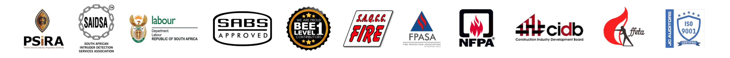 PT Alarms Accreditations — PSIRA SAIDSA Labour SABS BEE Level 1 SAQCC Fire FPASA NFPA CIDB FFETA ISO 9001