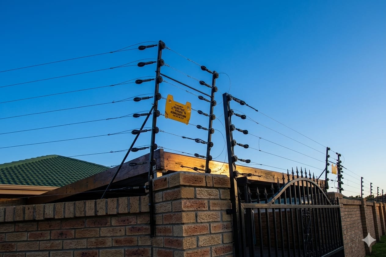 PT Alarms electric fence close-up — wire tensioning and brackets